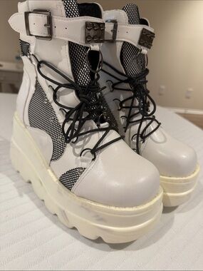 White Platform Combat Boots with Black Accents
